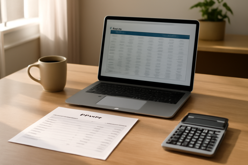 Bureau met laptop, loonstrook en rekenmachine voor kleine bedrijven loonadministratie
